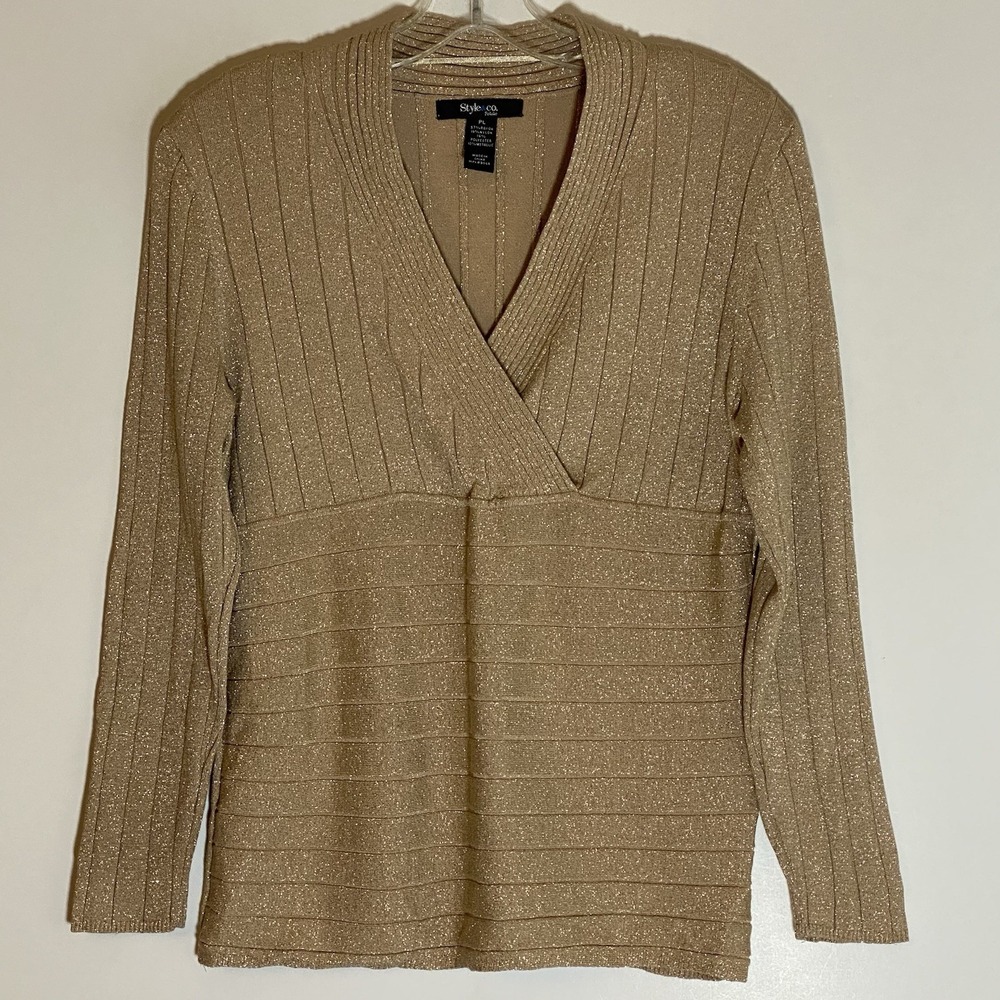 Style &‎ Co Sweater Womens Petite Large Biege V Neck Festival Gypsy Shimmer Nice